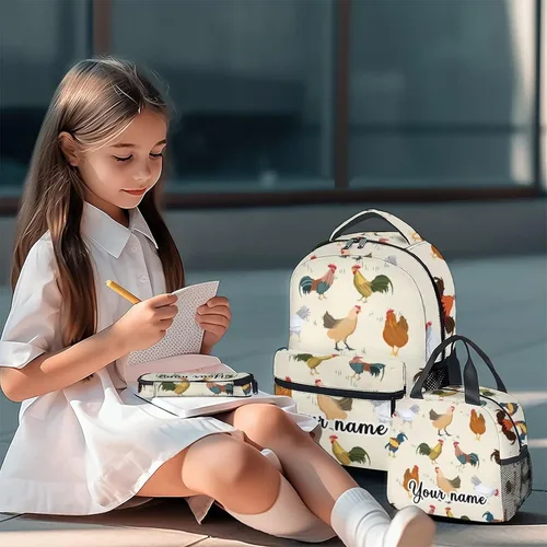 Vista 2 de Mochila de pollo personalizada con lonchera y estuche para lápices, bolsa de libros con temática de pollo de 16 pulgadas con correas ajustables