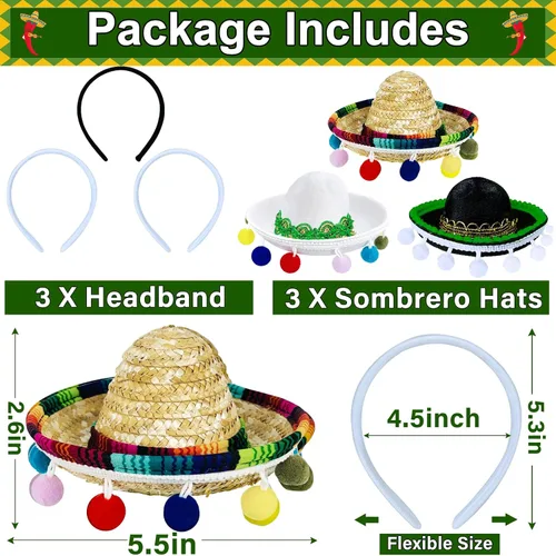 Vista 4 de Paquete de 3 sombreros de fiesta mexicanos diadema de tela sombrero de paja sombrero de fiesta accesorios para disfraz de fiesta mexicana