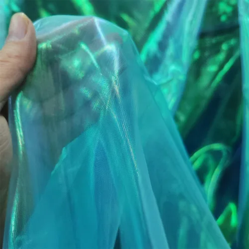 Vista 11 de Tela de encaje de organza con gradiente láser arcoíris mágico, tela de gasa holográfica iridescente para vestido de novia, cortina, fondo, fiesta