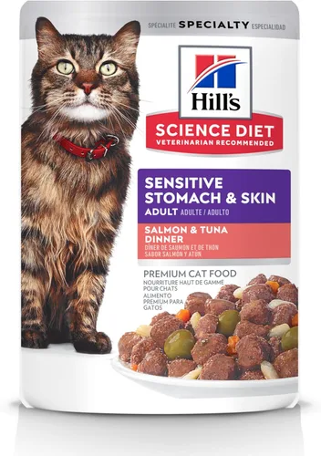 Vista 13 de Hill's Science Diet Alimento húmedo para gatos con estómago y piel sensible para adultos, pollo y carne de res, bolsas de 2.8 onzas, paquete de 24