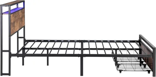 Vista 8 de Base de cama industrial tamaño matrimonial con cabecero, marcos de cama marrón rústico con luces LED y estación de carga, marco de cama