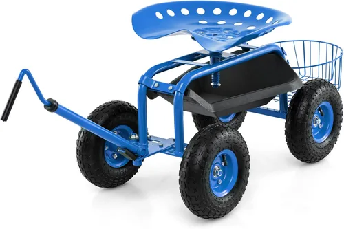 Vista 13 de Goplus Carrito de jardín rodante con asiento, taburete de jardín al aire libre con ruedas, bandeja de herramientas y cesta, mango de dirección