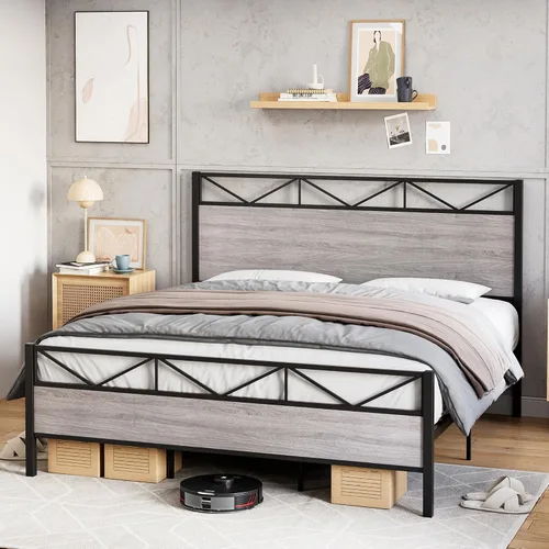 Vista 3 de Senfot Base de cama de tamaño matrimonial con cabecera y estribo de madera rústica, plataforma de metal, soporte de listones de acero resistente,