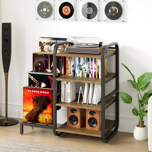 Vista 8 de Soporte para tocadiscos, mesa de almacenamiento de discos de vinilo de 4 niveles, soporte ajustable para tocadiscos, estante de vinilo con capacidad