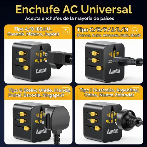 Vista 6 de Adaptador de viaje universal en todo el mundo con 2 USB-A y 2 USB-C y 1 Negro