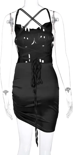 Vista 5 de JUMISEE Minivestido de satén fruncido con cordones para mujer sexy sin espalda tirantes delgados vestido de fiesta para cóctel club