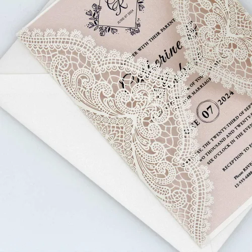 Vista 4 de 1 muestra de invitación de boda de 5 x 7 pulgadas, corte láser, invitaciones de boda rosa rubor de encaje con sobres para bodas, despedidas