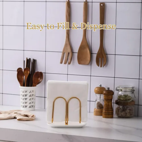 Vista 4 de Servilletero vertical de oro rosa con base de cerámica, moderno soporte desechable para toallas de mano para baño, pequeños servilleteros de cóctel