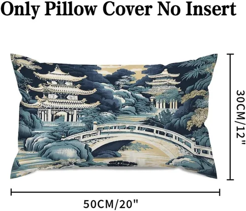 Vista 2 de Chinoiserie - Fundas de almohada decorativas de porcelana azul y blanca con patrón de edificios de estilo chino de 12 x 20 pulgadas, fundas de cojín