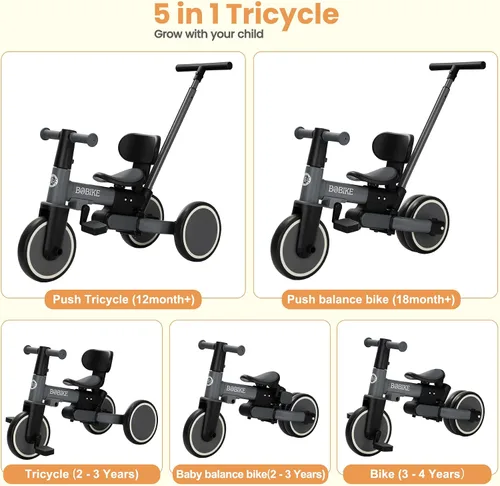 Vista 2 de BoBike Triciclo 5 en 1 para niños pequeños de 18 meses a 5 años, bicicleta para niños con pedales mejorados, mango de empuje para padres, bicicleta