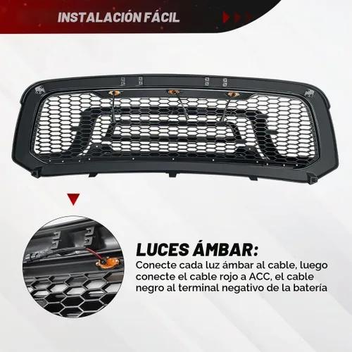 Vista 5 de Rejilla frontal negra brillante compatible con Dodge Ram 1500 2013-2018, Ram 1500 Classic 2019-2023, con luces ámbar (sin letra "RAM")