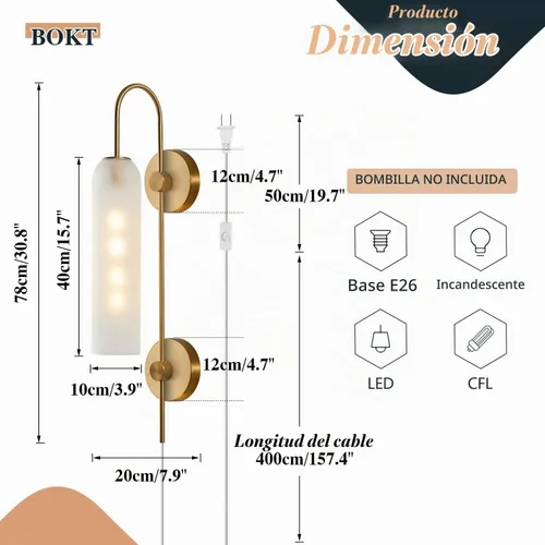Vista 2 de BOKT Apliques de pared modernos de mediados de siglo con enchufe para interiores, largos, oro cepillado, vidrio blanco leche, apliques