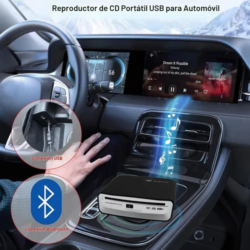 Vista 2 de Reproductor de CD portátil para coche con Bluetooth y conexión USB, reproductor de CD USB externo universal para sistemas de audio