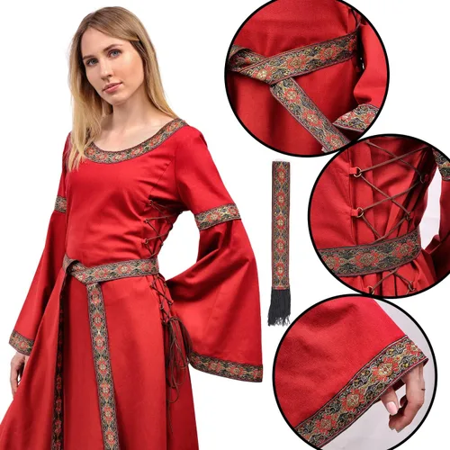 Vista 2 de KUOIN Women's Renaissance Embroidered Dress, Long Sleeve Lace-up Viking Queen Cosplay Costume with Belt for Wedding Prom