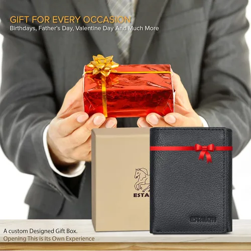 Vista 4 de Billetera de tres pliegues para hombre Cartera de piel auténtica con bloqueo RFID con 9 ranuras para tarjetas