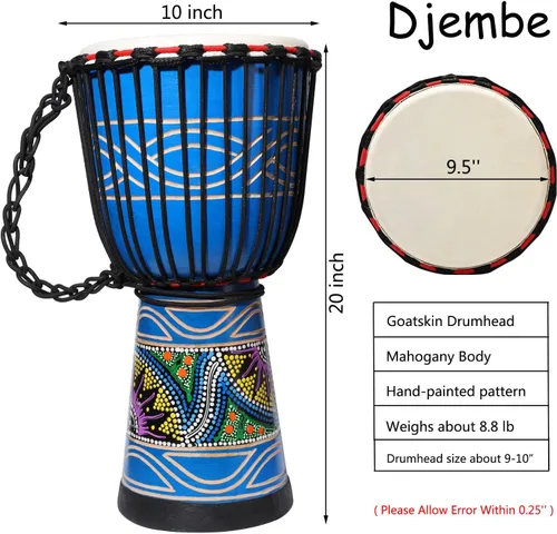 Vista 2 de LIEKE Djembe - Tambor africano de 10 x 20 pulgadas, cabeza de cabra caoba, pintado a mano, patrón pintado a mano, para adultos principiantes (azul)