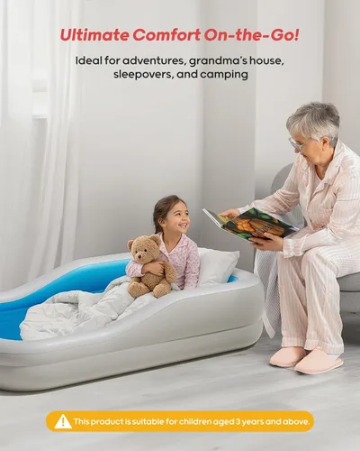 Vista 3 de QPAU Cama inflable de viaje para niños pequeños con 3 lados, extragrande Azul