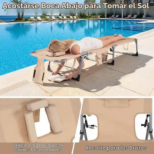 Vista 5 de Goplus Silla bronceadora, silla plegable ajustable para patio con orificio para la cara, almohada extraíble, 330 libras, correa de transporte, silla