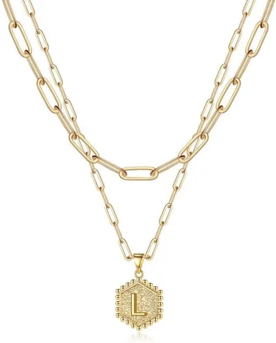 Vista 41 de M MOOHAM - Delicado collar de oro para mujer, de 14 quilates, en capas, lindos collares con letra hexagonal con inicial para mujer, regalos
