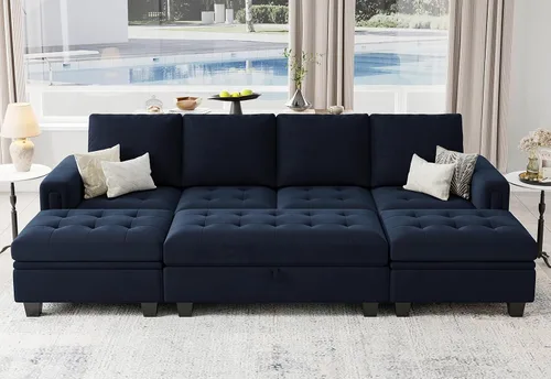 Vista 11 de Belffin Sofá cama modular convertible de terciopelo de 4 asientos con diván reversible, sofá cama seccional con almacenamiento otomano seccional
