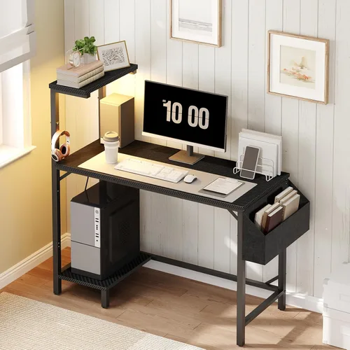 Vista 5 de MAHANCRIS Escritorio para videojuegos, escritorio de computadora con estación de carga y luz LED, escritorio pequeño para PC con bolsa