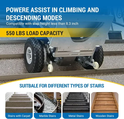 Vista 6 de Carretilla de mano eléctrica para subir escaleras con freno, carretilla de mano para subir escaleras con motor para mover, capacidad de 550 libras