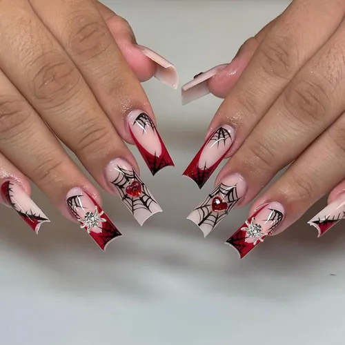 Vista 10 de Uñas postizas largas a presión para Halloween, uñas postizas largas en forma de ataúd, negro y rojo, brillantes, diseño de gota de sangre de terror