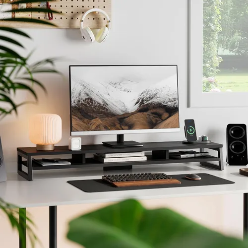 Vista 2 de Fenge Soporte de monitor doble para escritorio, elevador de monitor grande de 42.5 pulgadas para 2 monitores, estante superior de escritorio