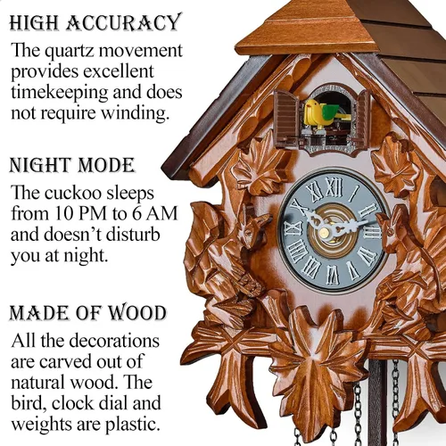 Vista 2 de TIMEGEAR Reloj de Pared Cucú con Modo Nocturno en Estilo Tradicional Alemán con Ardillas Talladas (Color Cereza)