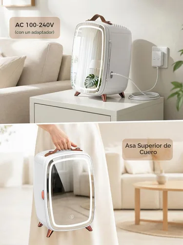 Vista 7 de COWSAR Mini refrigerador para dormitorio con espejo de luz LED regulable, refrigerador para el cuidado de la piel de 6 litros/8 latas con mango