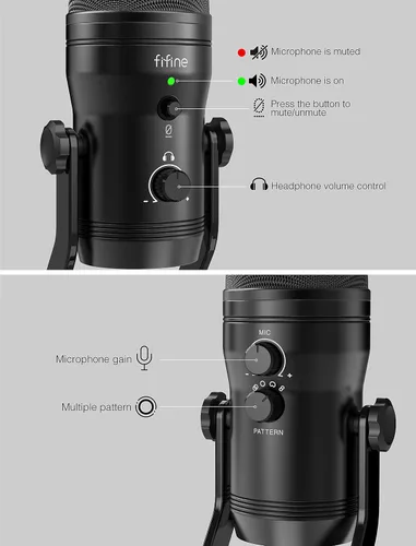 Vista 3 de FIFINE - Micrófono USB de estudio de grabación para computadora Micrófono de podcast para PC, PS4, Mac con botón de silencio y conector