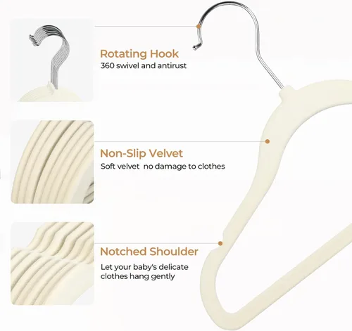 Vista 3 de GoodtoU Perchas de Terciopelo para Niños y Bebés Perchas para Armario Paquete de 20 Perchas Antideslizantes Infantiles Beige