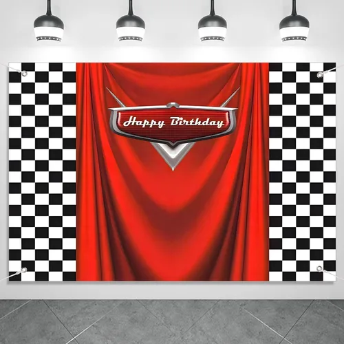 Vista 8 de Fondo de cumpleaños de coche con bandera de carreras, 5 x 3 pies, fondo de fotos de carreras a cuadros duradero para decoraciones de cumpleaños