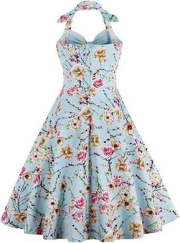 Vista 3 de Vestido vintage de lunares de los años 50 Rockabilly Halter Audrey vestido retro floral de noche cóctel swing