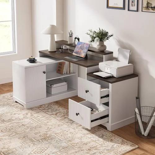 Vista 4 de Escritorio ejecutivo en forma de L de 67 pulgadas con cajones y estante de almacenamiento, escritorio de esquina para computadora con tomas