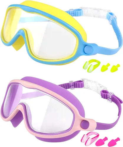 Vista 11 de Swim Goggles 2 Pack, Wide View Anti Fog&UV Swimming Goggles for Audlt, No Leak Pool Beach Essentials for Men Women Azul claro y rosa espejado