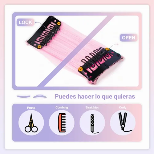 Vista 4 de 20 extensiones de cabello de colores, coloridas extensiones de cabello sintético con clip, extensiones de cabello sintético largo y lacio