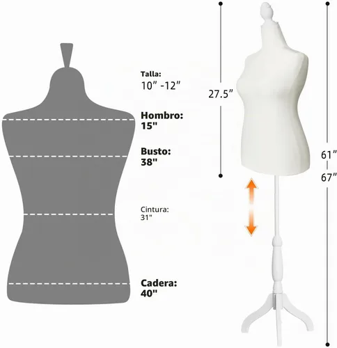 Vista 2 de Torso de maniquí femenino con soporte, talla grande 10-12, forma de vestido de maniquí femenino, altura ajustable de 61-67 pulgadas, soporte