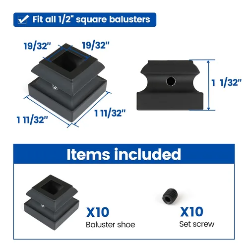 Vista 2 de Muzata 10Pack de bases de balaustre de hierro, zapato plano para escalera con tornillo para balaustre cuadrado de 1/2 pulgada, husillo de escalera
