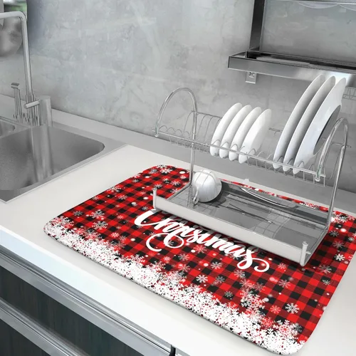 Vista 5 de Tapete de secado de platos de Navidad para encimera de cocina, de 18 x 24 pulgadas, tapete de secado reversible de microfibra con copos de nieve
