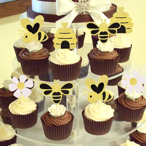 Vista 6 de Paquete de 24 adornos para cupcakes de abejorros con purpurina de abeja, panal, cupcakes, para revelación de género, baby shower, fiesta
