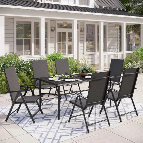 Vista 6 de MIXPATIO Juego de comedor de patio de 7 piezas, juego de muebles para exteriores con mesa de comedor rectangular de metal con revestimiento Negro