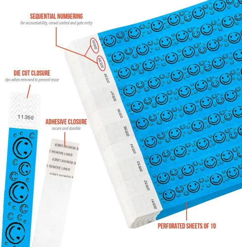 Vista 2 de 200 pulseras Tyvek de Wristco con cara sonriente azul neón para eventos, ¾ x 10 pulgadas, impermeables, reciclables, cómodas, resistentes a