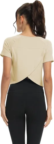 Vista 4 de Mippo Camisetas de entrenamiento para mujer, recortadas, con espalda dividida, atléticas, para gimnasio, ejercicio, ajuste holgado