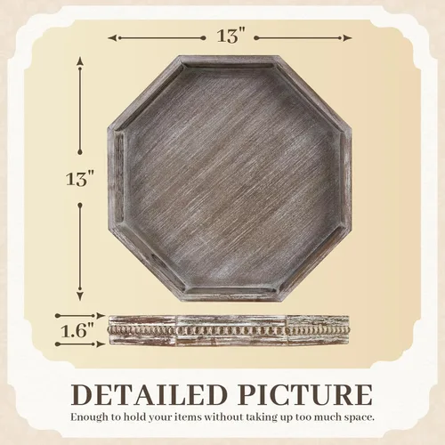 Vista 2 de Bandeja decorativa de madera, bandeja de servir pequeña con cuentas de madera, bandeja grande de estilo granja para otomano, encimera, mesa de café