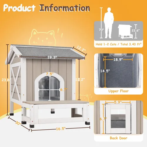 Vista 2 de Casa para gatos al aire libre para el verano: refugio de madera elevado con ventilación, puerta de escape, techo abierto, refugio al aire libre