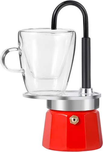 Vista 14 de Mini Express Swiss Single Tube Moka Pot Aluminio Marfil Blanco, El juego Moka incluye una taza de doble pared de 3 onzas, disfruta de un delicioso