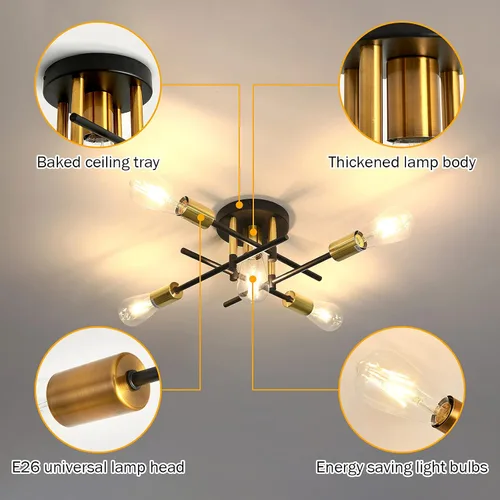 Vista 3 de UOFUS Lámpara de techo semiempotrada de 5 luces estilo casa de campo con lámpara E26 moderna lámpara de techo Sputnik negro mate y dorado