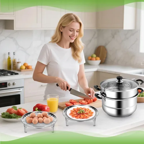 Vista 6 de Estante de vapor para cocinar, estante de vapor de acero inoxidable, bandeja de vapor con patas extraíbles para olla a presión instantánea, cesta