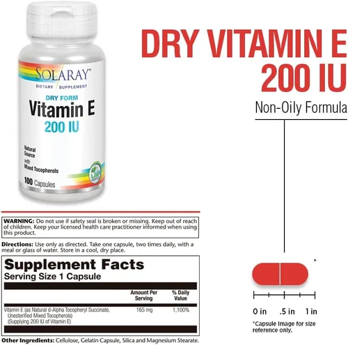 Vista 3 de SOLARAY Vitamina E, seca 200 UI con tocoferoles mixtos Función cardíaca saludable y apoyo para la salud de la piel 100